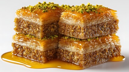 Exquisite Baklava: A stack of perfectly crafted baklava pastries, drizzled in sweet honey and adorned with a sprinkle of pistachio. Capturing the essence of a sweet delight.