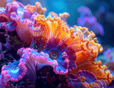 Close-up of vibrant coral reefs, glowing underwater