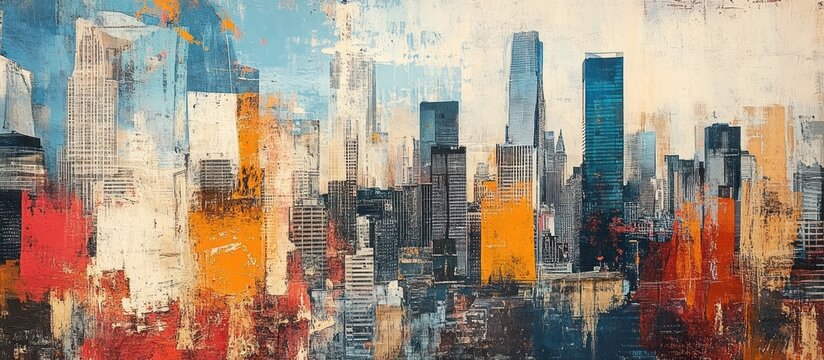 Abstract city skyline painting, urban landscape, modern art, home decor