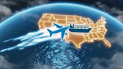 Glowing digital network connects across United States borders with airplane travel and futuristic data streams on a glowing planet Earth background - Powered by Adobe