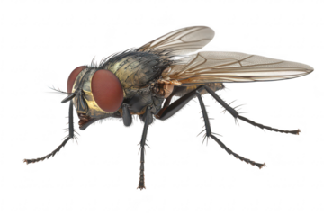 A highly detailed close-up of a common housefly its intricate anatomy. including large red eyes and transparent wings. set against a plain white background for clarity