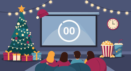 Family Christmas Movie Night with Tree, Gifts, and Popcorn.