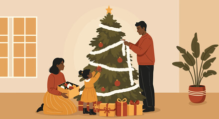 Family Decorating Christmas Tree Together in Cozy Living Room.