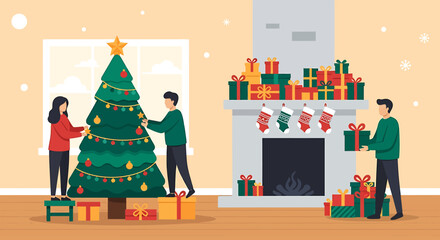 Family Decorating Christmas Tree and Fireplace with Gifts.