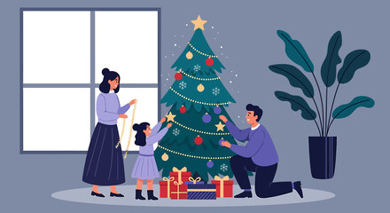 Family Decorating Christmas Tree Together in Festive Home Setting.