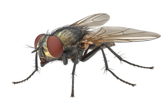 A highly detailed close-up of a common housefly its intricate anatomy. including large red eyes and transparent wings. set against a plain white background for clarity