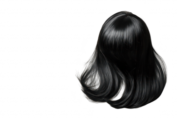 A sleek. shiny black wig with long flowing strands. elegantly styled on a minimalist white background. its texture and movement. ideal for fashion or beauty photography