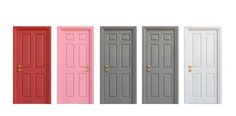 A display of five doors in a modern interior setting. a variety of colors including red. pink. gray. and white. with a minimalist background enhancing the visual appeal