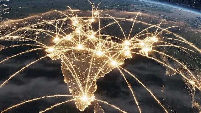 Global Digital Network Connecting India From Orbit With Bright City Lights And Glowing Data Streams Over Dark Earth At Nighttime