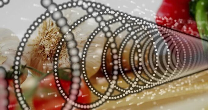 Playback starting concentric dotted ring tunnel moving across board revealing tomatoes and garlic