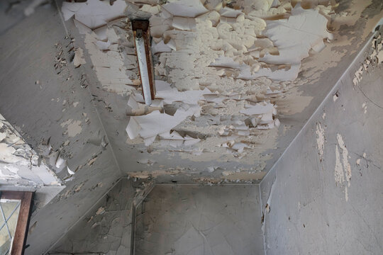 Severely damaged ceiling showing exposed structure with extensive plaster debris and peeling