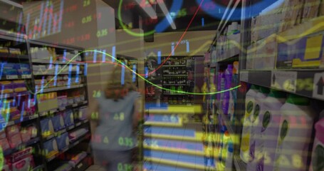 Woman pushing cart walking grocery aisle pausing reaching checking prices finance charts overlaying - Powered by Adobe