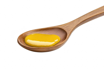 A close-up view of a wooden spoon holding a yellow mustard dollop. set against a clean white background. ideal for culinary blogs. recipe books. or food product marketing