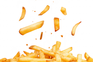 A dynamic shot of golden. crispy French fries being tossed in the air against a clean white background. their texture and appeal. ideal for food-related marketing or culinary content