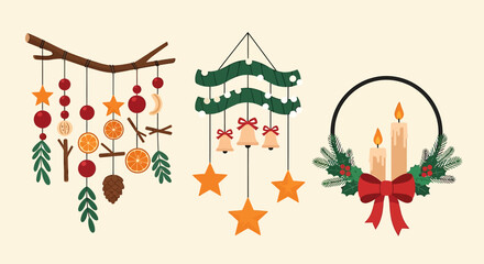 Festive Christmas Decorations - Hanging Ornaments and Wreath.
