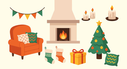 Festive Christmas Living Room Scene with Fireplace and Decorations.