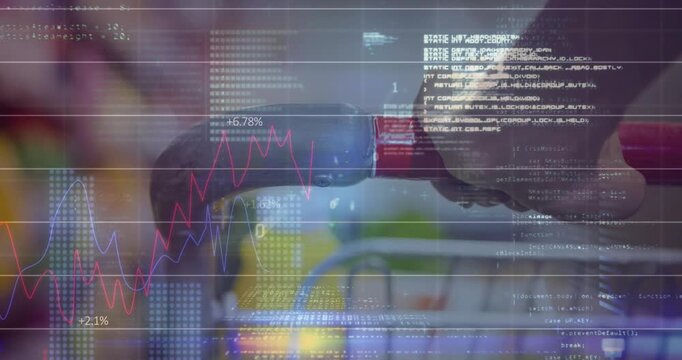 Digital overlays appearing hand gripping cart handle and shifting as charts rising show buyer data - Powered by Adobe