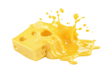 A piece of yellow cheese with holes is melting and splashing onto a clean white surface. creating a dynamic and appetizing scene perfect for food-related content