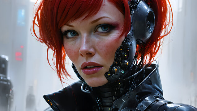 Futuristic Female Cyborg with Red Hair - Powered by Adobe