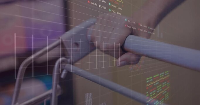 Camera focusing sparking overlays fading in hand gripping cart handle charts animating to show data
