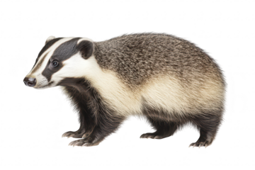A close-up view of a European badger standing on a white background. its distinctive black and white facial markings. thick fur. and alert posture. ideal for wildlife education and nature photography