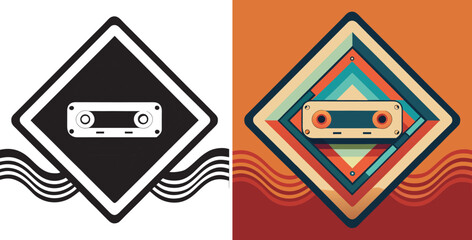 Retro cassette tape art with vibrant concentric diamond shapes and wavy lines evokes nostalgic music memories and analog sound