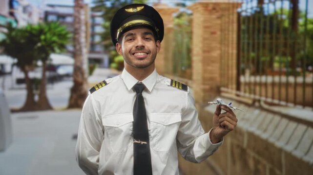 Pilot man in uniform holds a toy airplane in his hand while smiling and studying the model on a sunlit street beside a building, wearing captain hat and epaulets; aspiration pride.