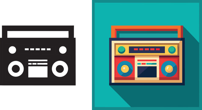 Vibrant retro boombox blasting tunes with vintage audio style, perfect for nostalgic playlists and music event promotions