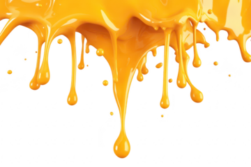 Vibrant orange paint splashing down against a clean white background. the dynamic movement of liquid as it drips. ideal for creative projects and artistic expressions