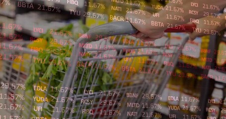 Shopper arm pushing metal cart along produce, causing finance data scrolling over cart updating - Powered by Adobe