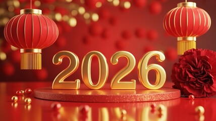 Glittering Golden 2026 Chinese New Year Celebration with Red Lanterns and Festive Decorations Vibrant Holiday Card Design