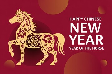 2026 Chinese New Year Celebration Card with Elegant Horse Illustration and Festive Red Background Ideal for Greeting Cards and Invitations