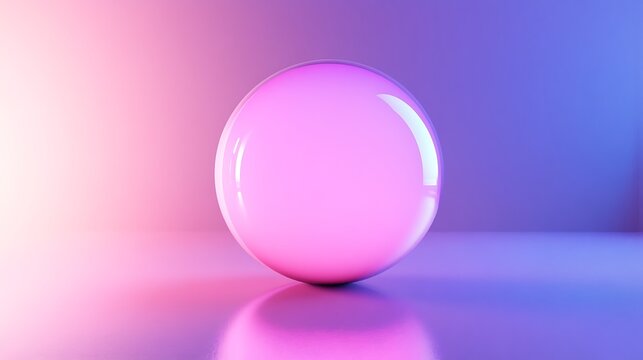 A glowing pink sphere on a reflective surface with a background of pink and blue gradients