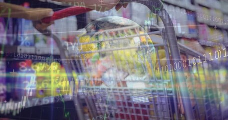 Shopper gripping red handle starting globe over cart, charts pulsing and moving to show market data - Powered by Adobe