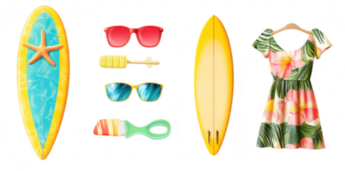 A summer beach scene featuring a colorful surfboard. stylish sunglasses. a playful dress. and beach accessories arranged neatly. evoking a sense of fun and relaxation by the seaside