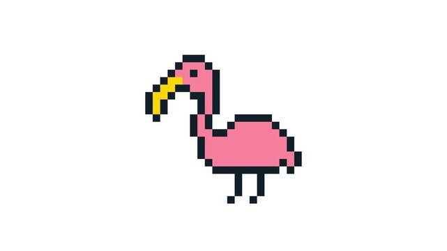 8-bit pixel art flamingo. looped animation 4k 30fps