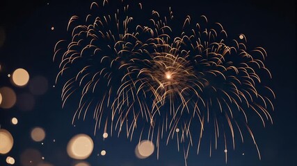 Stunning golden fireworks burst in a dark blue sky with bokeh effects - Powered by Adobe