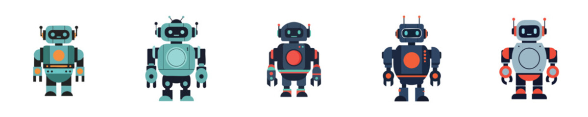 Robot Vector Flat Design Futuristic Humanoid Cute Mechanical Bot Set