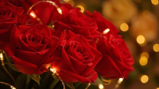 A close-up shot of vibrant red roses adorned with soft string lights and a blurred, warm background