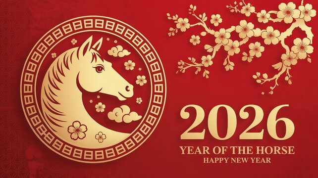 Chinese New Year 2026 Celebration Design with Elegant Horse Illustration and Golden Blossoms on Red Background for Greeting Cards and Festival Decorations