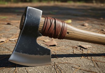 Forged metal axe head with leather wrapped wooden handle rests on natural ground