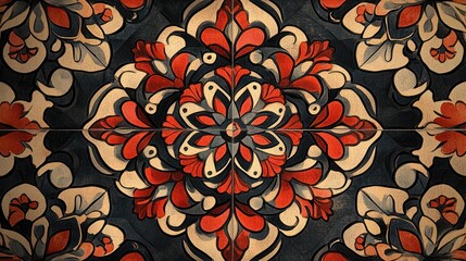 Red floral tile pattern, intricate design, dark background, seamless repeat, decor