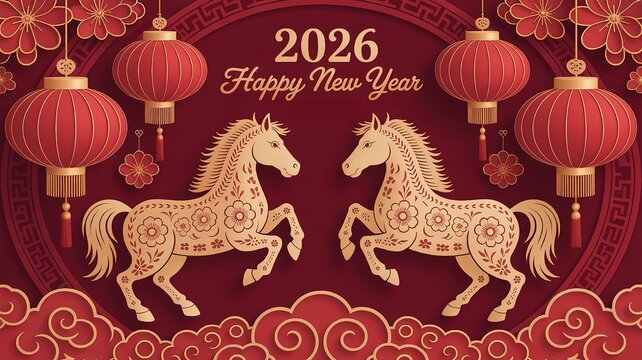 Chinese New Year 2026 Celebration Design with Red Lanterns and Galloping Horses Vector Illustration Traditional Floral Patterns and Clouds for Festival Greetings and Party Invitations