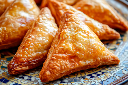 Golden, crispy briouates pastries offering a delicious appetizer or snack, presented on a vibrant mosaic plate