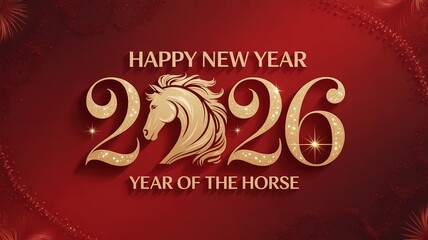 2026 Chinese New Year Celebration Gold Horse Design on Red Background Elegant Festive Greeting Card Template Ideal for Holiday Marketing and Promotional Materials