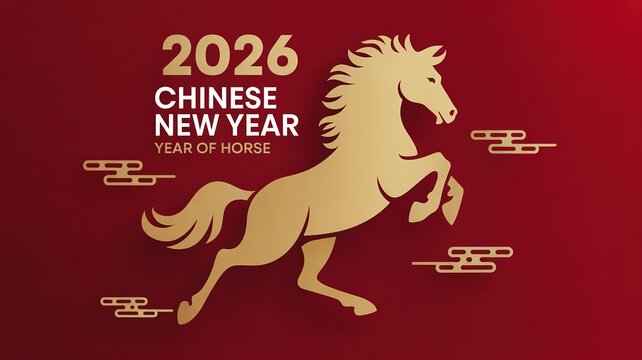 Vibrant 2026 Chinese New Year Celebration with Galloping Horse Symbol on Rich Red Background Ideal for Greeting Cards and Festival Promotions