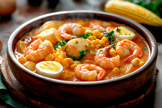 Creamy shrimp chupe served in a rustic bowl, featuring succulent shrimp, potatoes, corn, and hard-boiled eggs