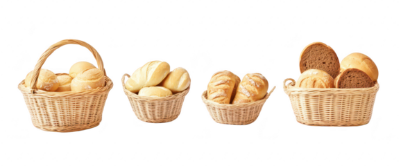 A variety of freshly baked bread rolls displayed in woven baskets. different shapes and textures. set against a clean white background. ideal for culinary or food-related projects