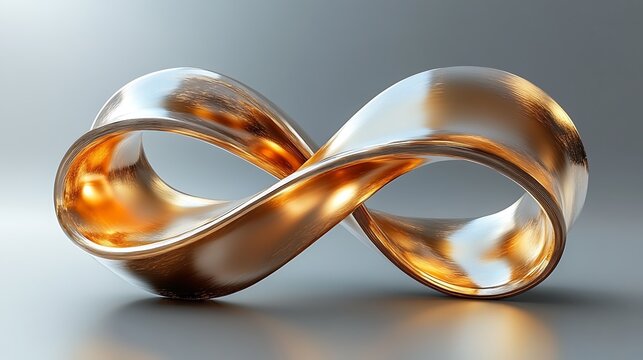 A polished metallic infinity symbol on a gray surface with reflections and smooth curves and gradients