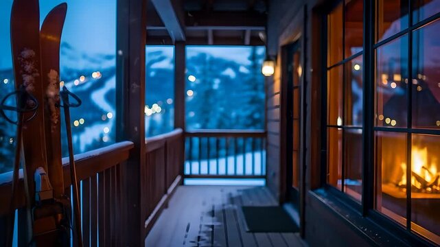 Ski resort at dusk, cozy cabin with fireplace, winter scenery. Ideal for travel, holiday, ski season promos, or illustrating relaxation, lifestyle, adventure, and mountain retreats.
